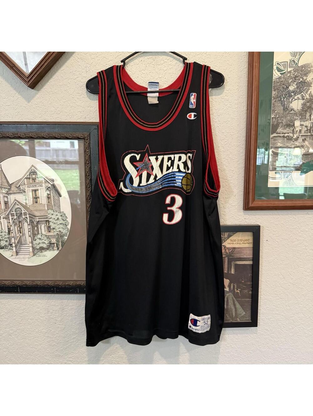 Vintage 90s Champion Philadelphia 76ers Allen Iverson 3 NBA Jersey Size 52 2XL